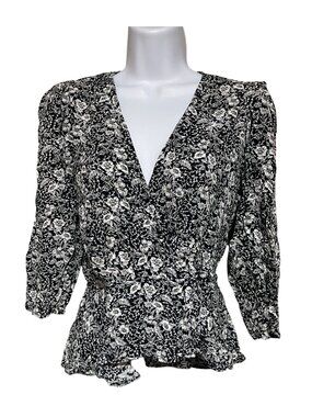 Banana Republic Womens Black & White Floral Peplum wrap Top With 3/4 Sleeves S